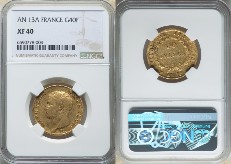 Napoleon gold 40 Francs L'An 13 (1804/1805)-A XF40 NGC, Paris mint, KM664.1, Fr-...