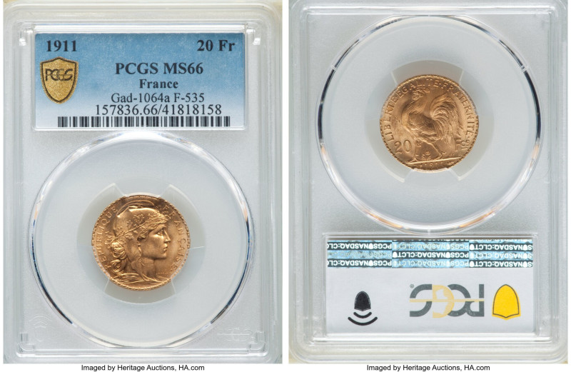 Republic gold 20 Francs 1911 MS66 PCGS, KM857, Gad-1064a, F-535. 

HID0980124201...