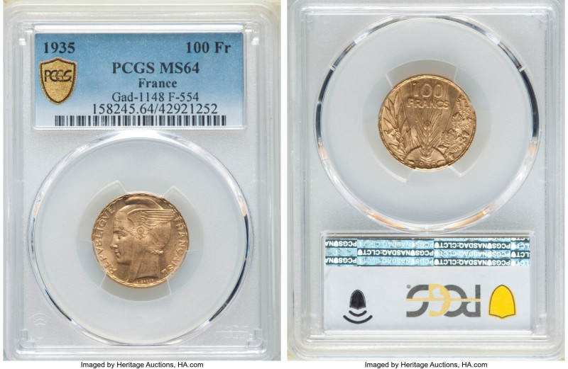 Republic gold "Bazor" 100 Francs 1935 MS64 PCGS, Paris mint, KM880, Gad-1148, F-...