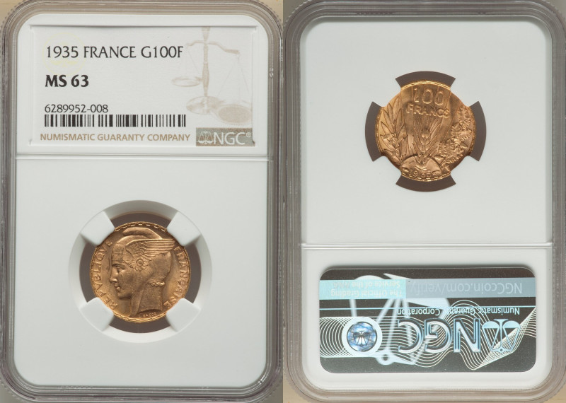 Republic gold "Bazor" 100 Francs 1935 MS63 NGC, Paris mint, KM880, Fr-598, Gad-1...