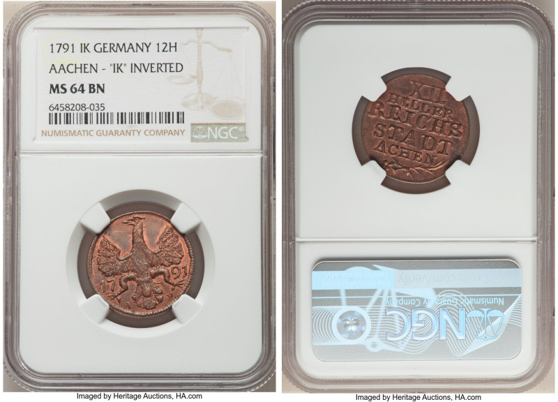 Aachen. Free City 1791-IK MS64 Brown NGC, KM51. IK inverted. 

HID09801242017

©...