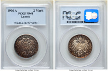 Lübeck. Free City Proof 2 Mark 1906-A PR68 PCGS, Berlin mint, KM212, J-81. Mintage: 200. Frosted motifs stand out against deep watery fields as sunset...