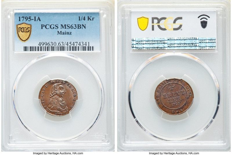 Mainz. Friedrich Karl Josef 1/4 Kreuzer 1795-IA MS63 Brown PCGS, KM402. Glossy b...