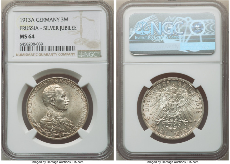 Prussia. Wilhelm II 3 Mark 1913-A MS64 NGC, Berlin mint, KM535, J-112. Commemora...