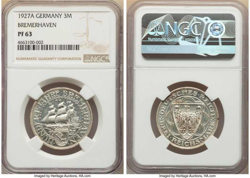 Weimar Republic Proof "Bremerhaven" 3 Mark 1927-A PR63 NGC, Berlin mint, KM50, J...