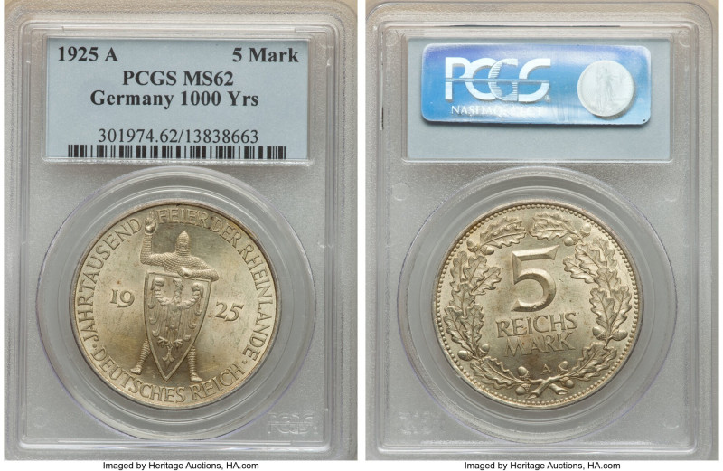 Weimar Republic 5 Mark 1925-A MS62 PCGS, Berlin mint, KM47. Commemorates 1000th ...