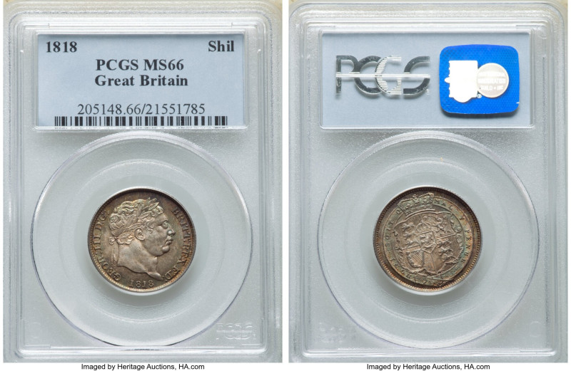 George III Shilling 1818 MS66 PCGS, KM666, S-3790. Seafoam, peach and lemon hues...