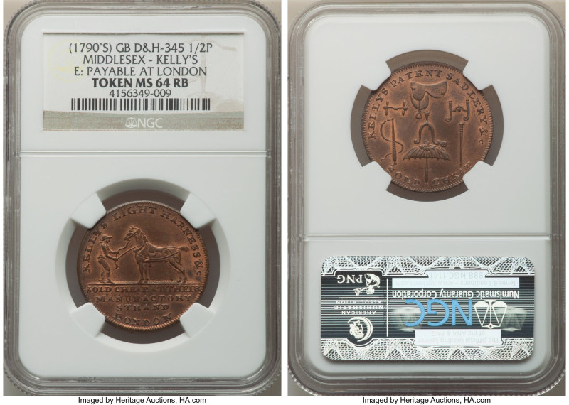 Middlesex. Kelly's copper 1/2 Penny Token ND (1790's) MS64 Red and Brown NGC, D&...