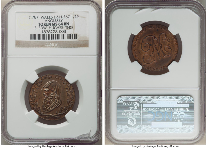 Wales. Anglesey copper 1/2 Penny Token ND (1787) MS64 Brown NGC, D&H-267. Edge: ...