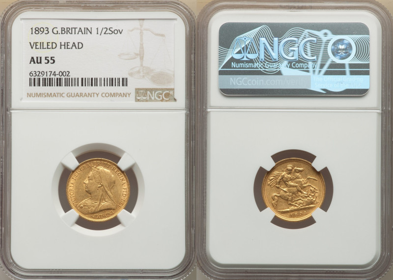 Victoria gold 1/2 Sovereign 1893 AU55 NGC, KM766, S-3869. Veiled head. 

HID0980...