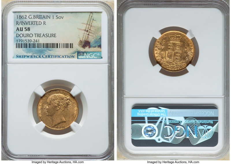 Victoria gold Sovereign 1862 AU58 NGC, KM736.1, S-3852D. 'R' over inverted 'R'. ...