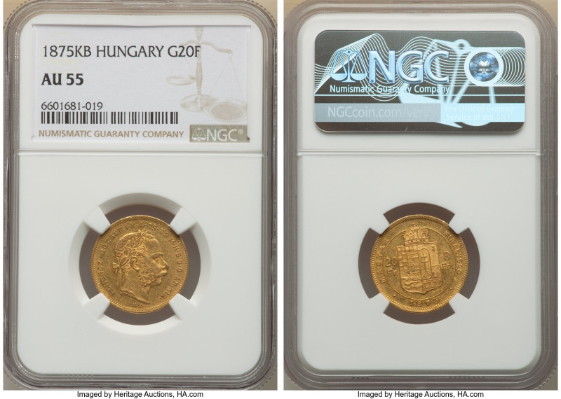 Franz Joseph I gold 20 Francs (8 Forint) 1875-KB AU55 NGC, Kremnitz mint, KM455....