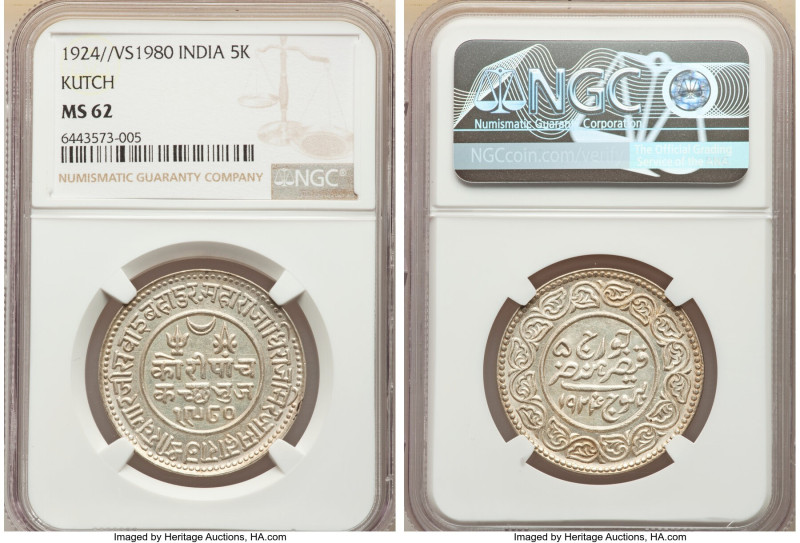 Kutch. Khengarji III 5 Kori VS 1980 (1924) MS62 NGC, Bhuj mint, KM-Y53. 

HID098...