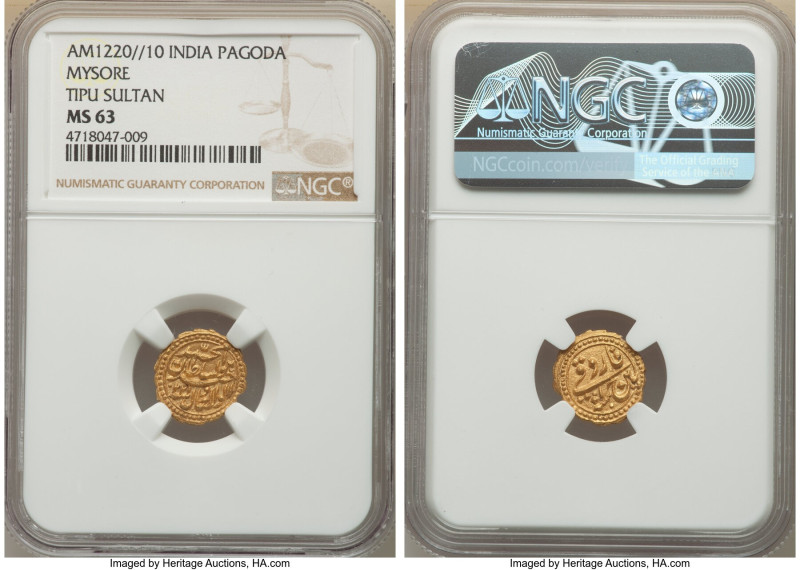 Mysore. Tipu Sultan gold Pagoda AM 1220 Year 10 MS63 NGC, Patan mint, KM129a. 

...