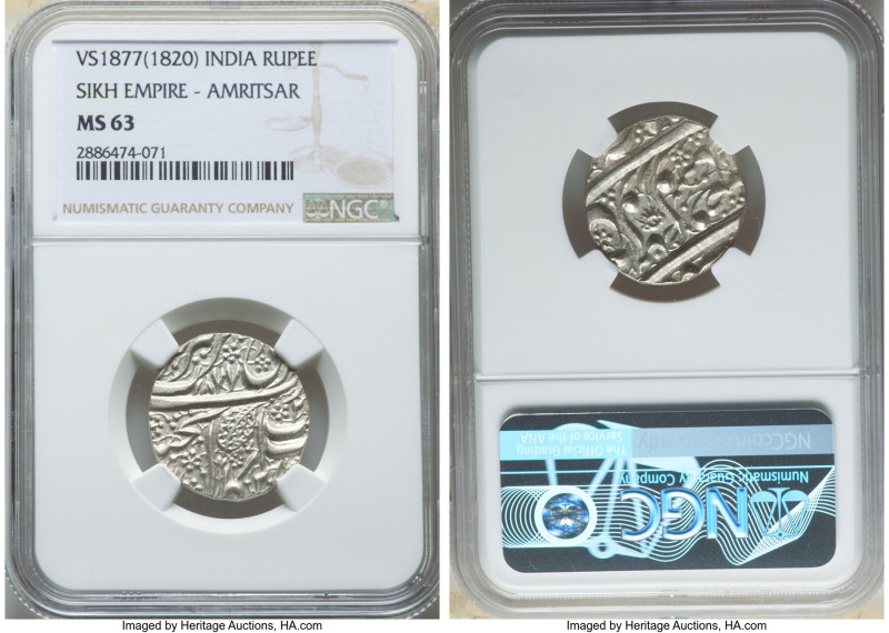 Sikh Empire. Ranjit Singh Rupee VS 1877 (1820) MS63 NGC, Amritsar mint, KM-A63. ...