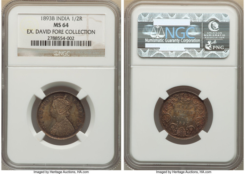 British India. Victoria 1/2 Rupee 1893-B MS64 NGC, Bombay mint, KM491. Ex. David...