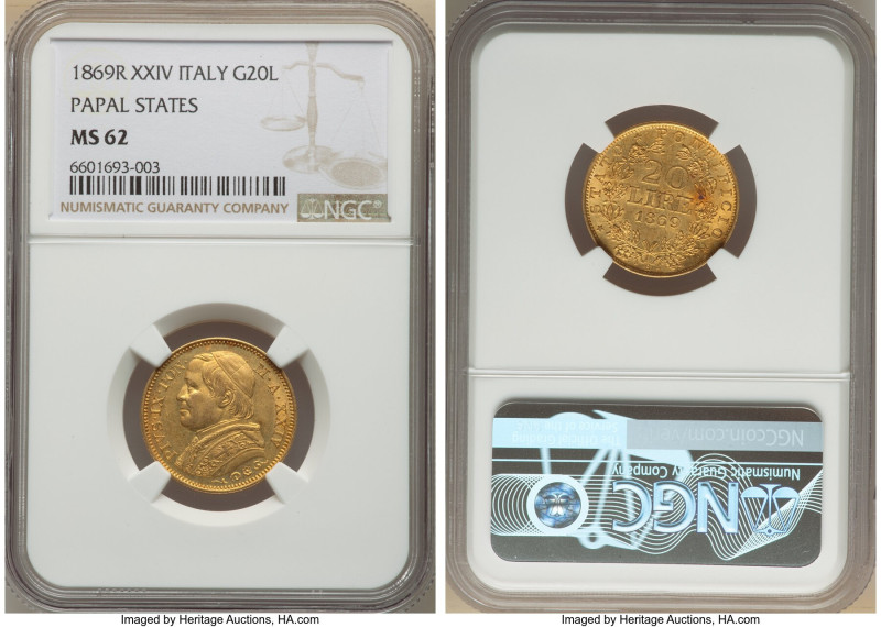 Papal States. Pius IX gold 20 Lire Anno XXIV (1869)-R MS62 NGC, Rome mint, KM138...