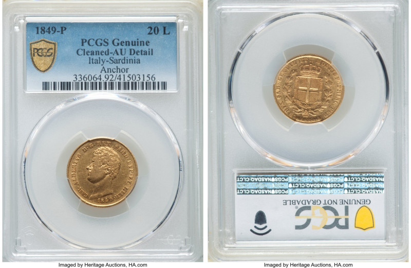 Sardinia. Carlo Alberto gold 20 Lire 1849 (Anchor)-P AU Details (Cleaned) PCGS, ...