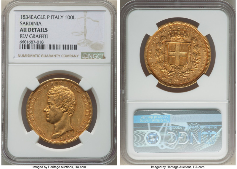 Sardinia. Carlo Alberto gold 100 Lire 1834 (Eagle)-P AU Details (Reverse Graffit...