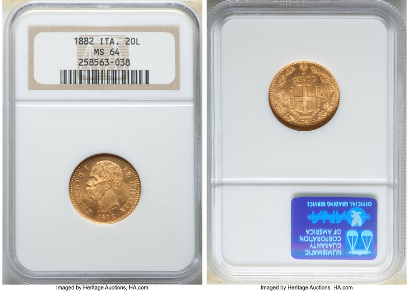 Umberto I gold 20 Lire 1882-R MS64 NGC, Rome mint, KM21, Fr-21. From the Doc Mad...