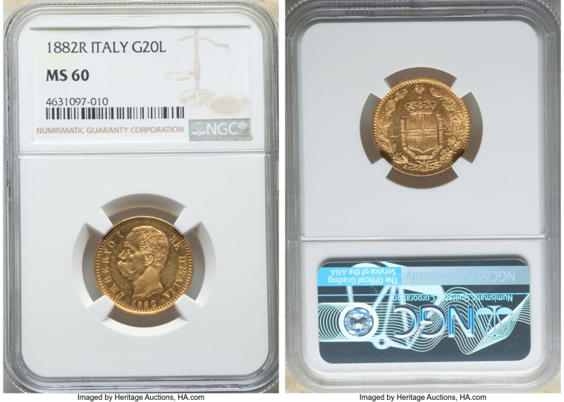 Umberto I gold 20 Lire 1882-R MS60 NGC, Rome mint, KM21. 

HID09801242017

© 202...