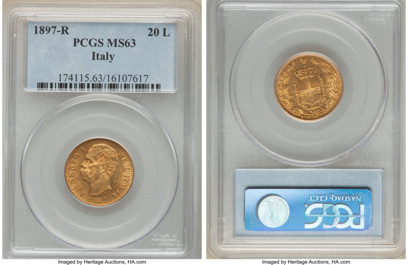 Umberto I gold 20 Lire 1897-R MS63 PCGS, Rome mint, KM21, Fr-21. 

HID0980124201...
