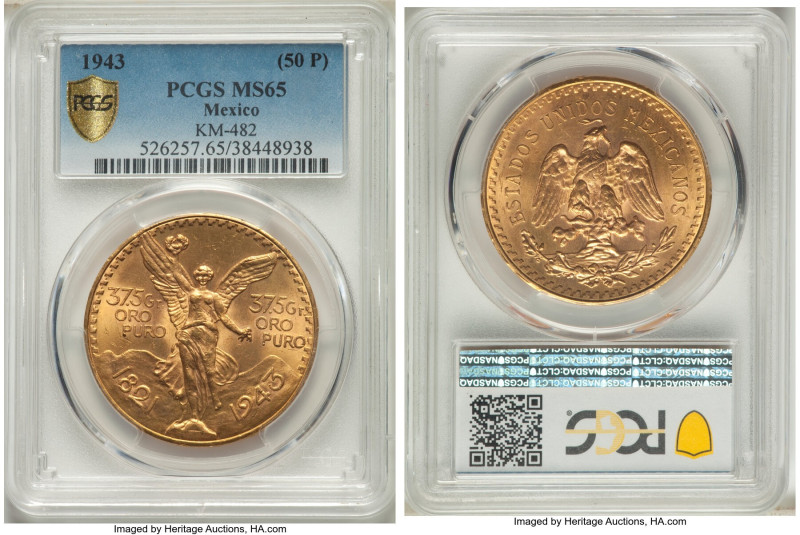 Estados Unidos gold 50 Pesos 1943-Mo MS65 PCGS, Mexico City mint, KM482. 

HID09...