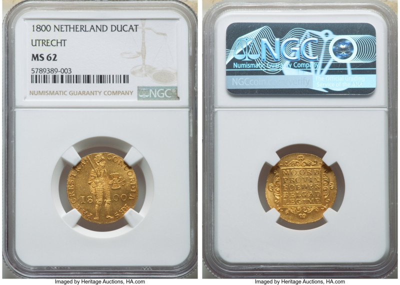 Batavian Republic. Utrecht gold Ducat 1800 MS62 NGC, Utrecht mint, KM11.3. 

HID...