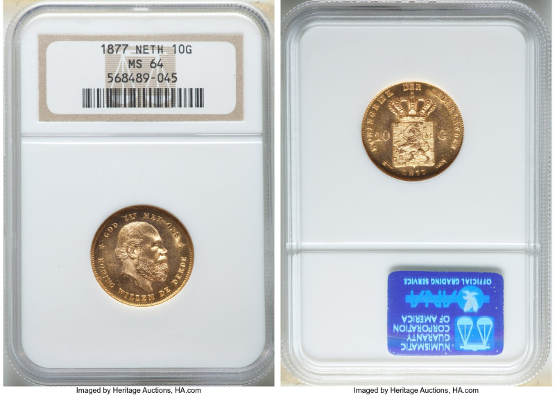 Willem III gold 10 Gulden 1877 MS64 NGC, Utrecht mint, KM106, Fr-342. From the D...