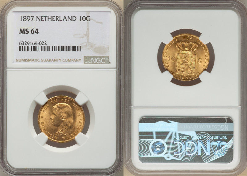 Wilhelmina I gold 10 Gulden 1897 MS64 NGC, Utrecht mint, KM118, Fr-347. 

HID098...