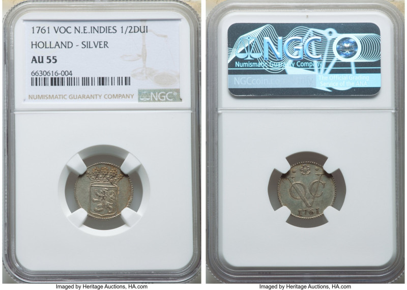 Dutch Colony. United East India Company silver 1/2 Duit 1761 AU55 NGC, Dordrecht...