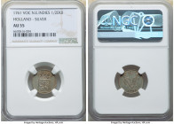 Dutch Colony. United East India Company silver 1/2 Duit 1761 AU55 NGC, Dordrecht mint, KM72a. Holland Issue. Silver off metal strike. 

HID09801242017...