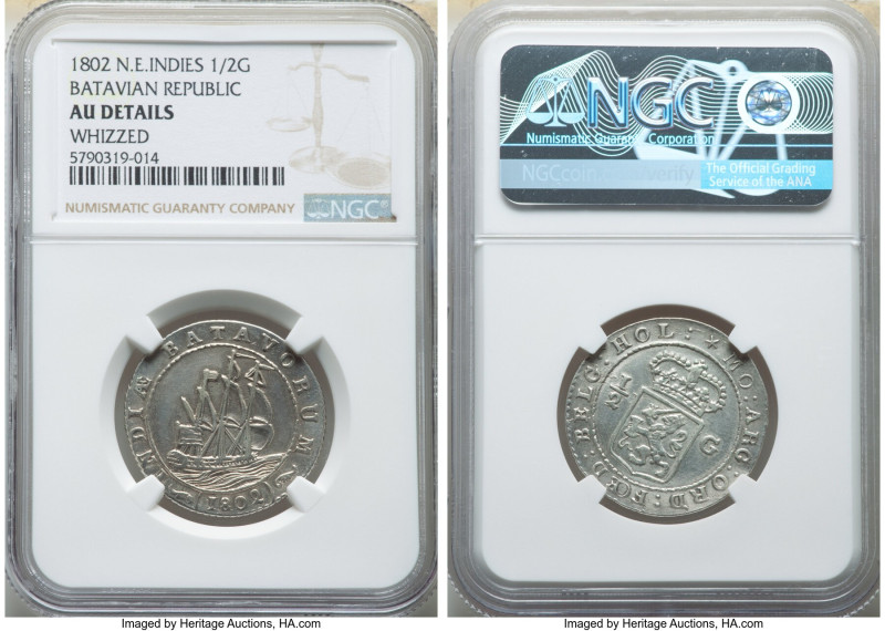 Dutch Colony. Batavian Republic 1/2 Gulden 1802 AU Details (Whizzed) NGC, Enkhui...