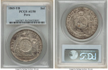Republic Counterstamped Peso ND (1894) AU50 PCGS, KM224. 1/2 Real counterstamp upon Peru Sol 1865-YB (KM196). 

HID09801242017

© 2022 Heritage Auctio...