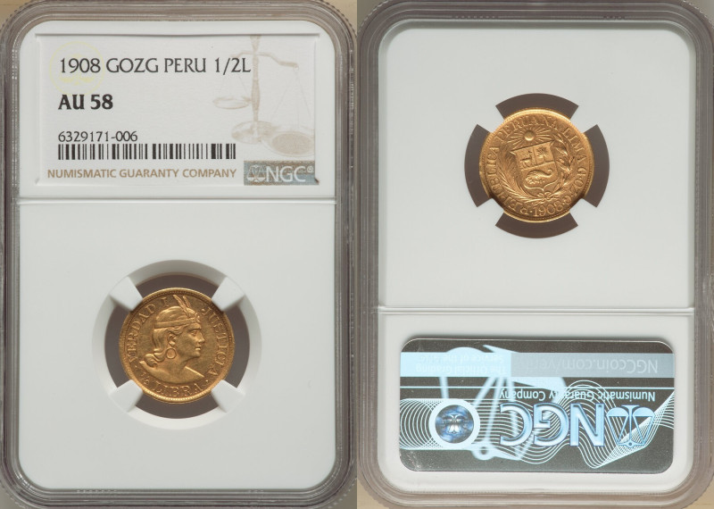 Republic gold 1/2 Libra 1908-GOZG AU58 NGC, Lima mint, KM209, Fr-74. 

HID098012...