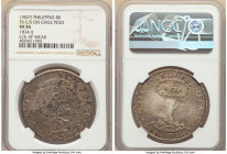 Spanish Colony. Isabel II Counterstamped 8 Reales ND (1837) VF35 NGC, KM108. Host Chile "Volcano" Peso 1834 SANTIAGO-IJ (KM-82.2) Counterstamp. Type V...