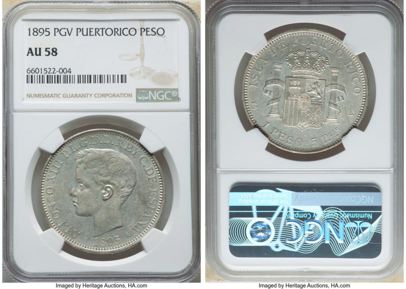 Spanish Colony. Alfonso XIII Peso 1895 PG-V AU58 NGC, Madrid mint, KM24. 

HID09...