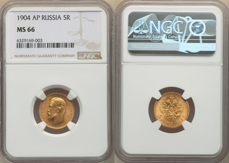 Nicholas II gold 5 Roubles 1904-AP MS66 NGC, St. Petersburg mint, KM-Y62, Fr-180...