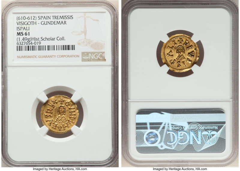 Visigoths. Gundemar gold Tremissis ND (610-612) MS61 NGC, Ispali mint, cf. CNV-1...