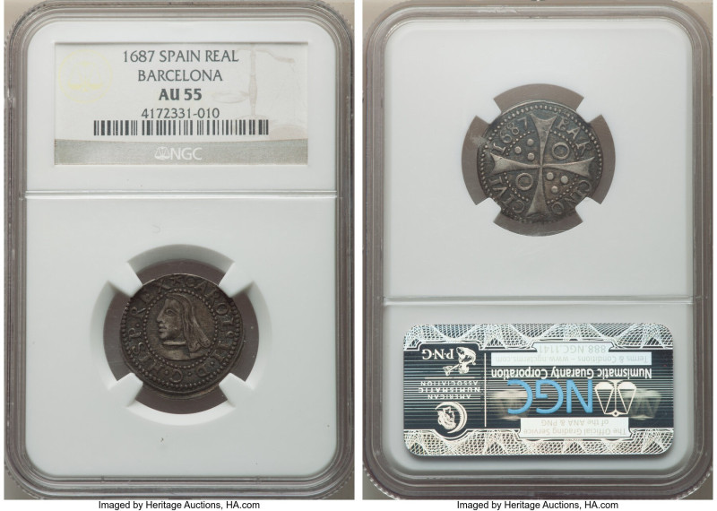 Barcelona. Charles II Real 1687 AU55 NGC, Barcelona mint, KM45, Cal-668. 

HID09...