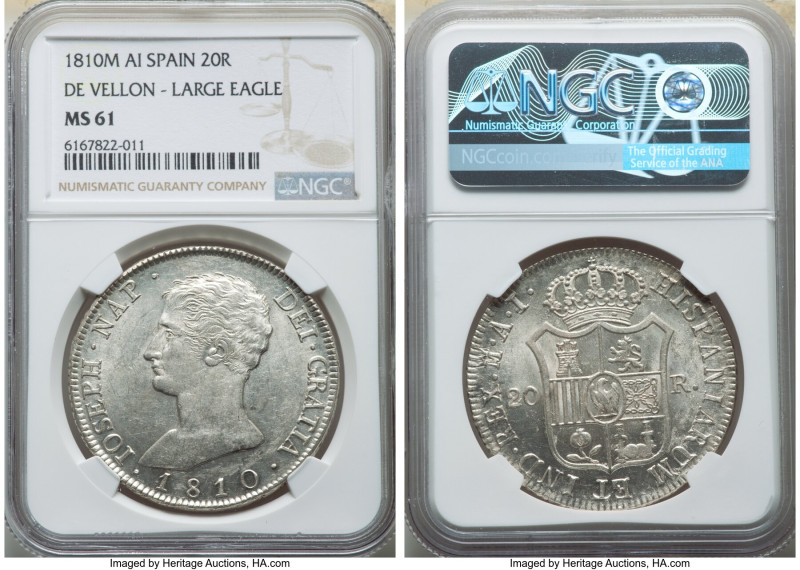 Joseph Napoleon "De Vellon" 20 Reales 1810 M-AI MS61 NGC, Madrid mint, KM551.2, ...