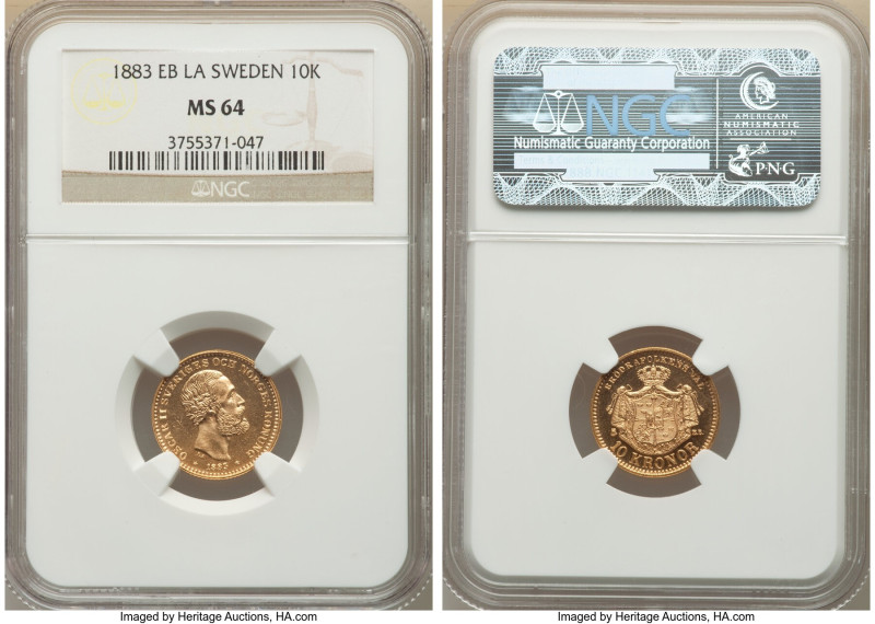 Oscar II gold 10 Kronor 1883 EB-LA MS64 NGC, KM743, AAH-30b. Prooflike fields wi...