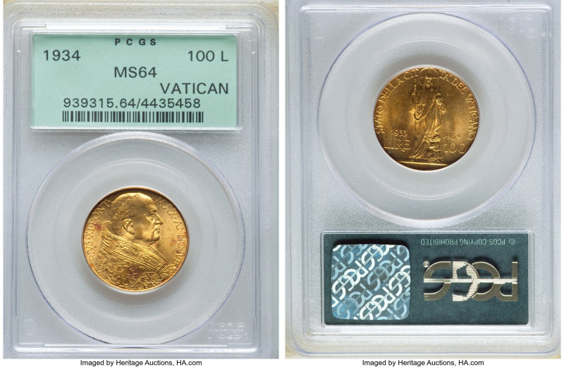 Pius XI gold "Jubilee" 100 Lire 1933-1934 MS64 PCGS, KM19. Jubilee issue. AGW 0....