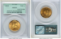 Pius XI gold "Jubilee" 100 Lire 1933-1934 MS64 PCGS, KM19. Jubilee issue. AGW 0.2546 oz. 

HID09801242017

© 2022 Heritage Auctions | All Rights Reser...