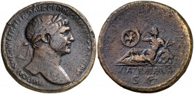 (113 d.C). Trajano. Sestercio. (Spink falta) (Co. 650) (RIC. 638 var). 22,56 g. Escasa. MBC-.