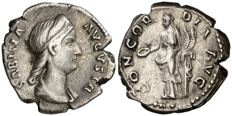 (136 d.C.). Sabina. Denario. (Spink 3918) (S. 3a) (RIC. 390). 3,21 g. MBC+.