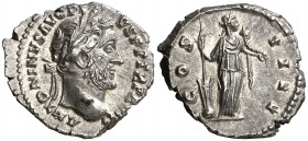 (154-155 d.C.). Antonino pío. Denario. (Spink 4073 var) (S. 272) (RIC. 240). 3,44 g. Bella. EBC/EBC+.