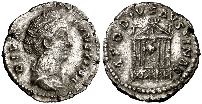 (150 d.C.). Faustina madre. Denario. (Spink 4573) (S. 1) (RIC. 343). 2,75 g. MBC...