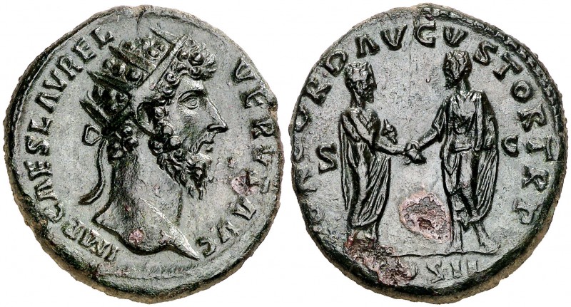 (161 d.C.). Lucio Vero. Dupondio. (Spink 5408) (Co. 35 var) (RIC. 1290). 12 g. O...