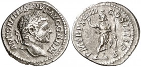 (216 d.C.). Caracalla. Denario. (Spink 6829 var) (S. 348) (RIC. 280c). 2,64 g. MBC.